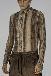 ブラック/イエローパンクハイカラーテクノロジーセンスプリント弾性タイト長袖メンズシャツ